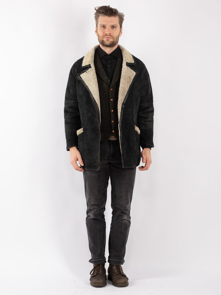 Vintage 90's Men Sheepskin Coat in Black