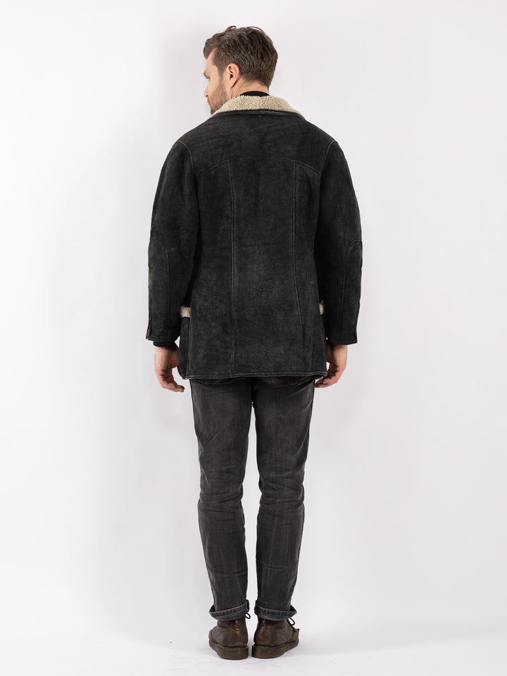 Vintage 90's Men Sheepskin Coat in Black