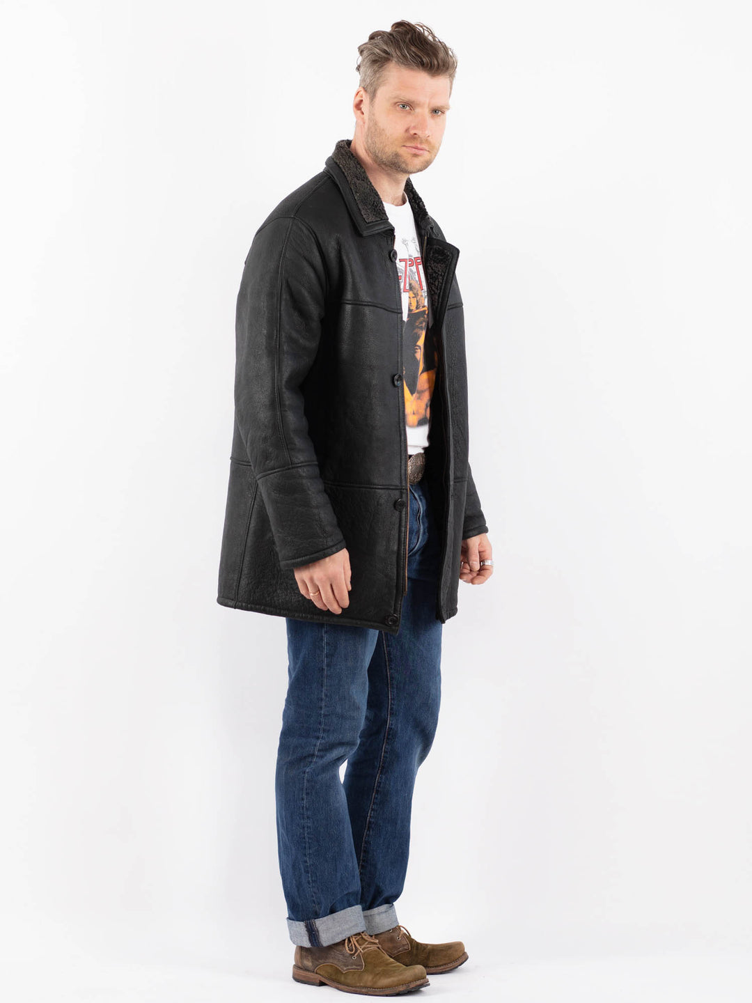 Vintage 90's Men Sheepskin Coat in BlackZ1519
