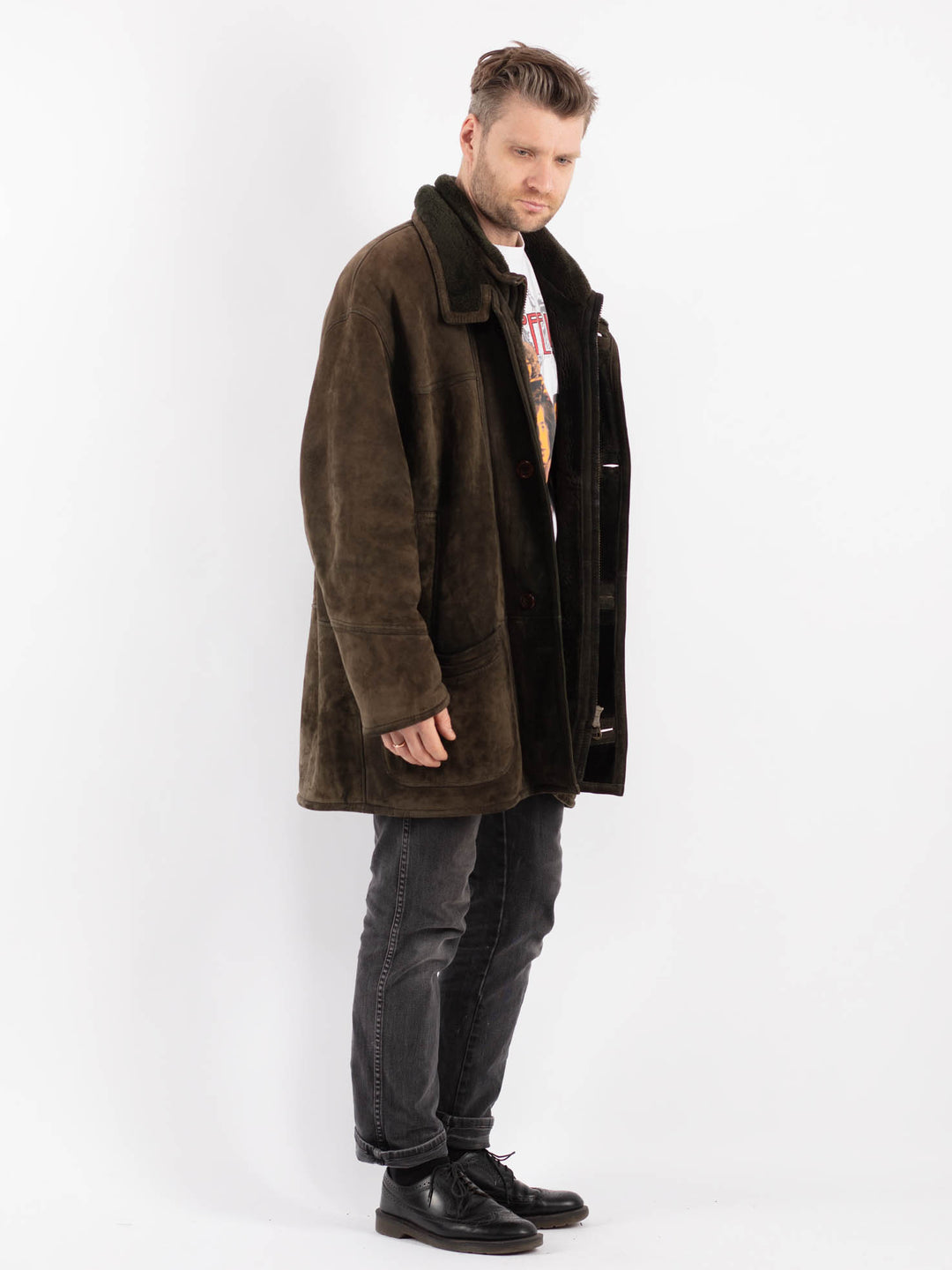 Vintage 90's Men Sheepskin Coat in Green