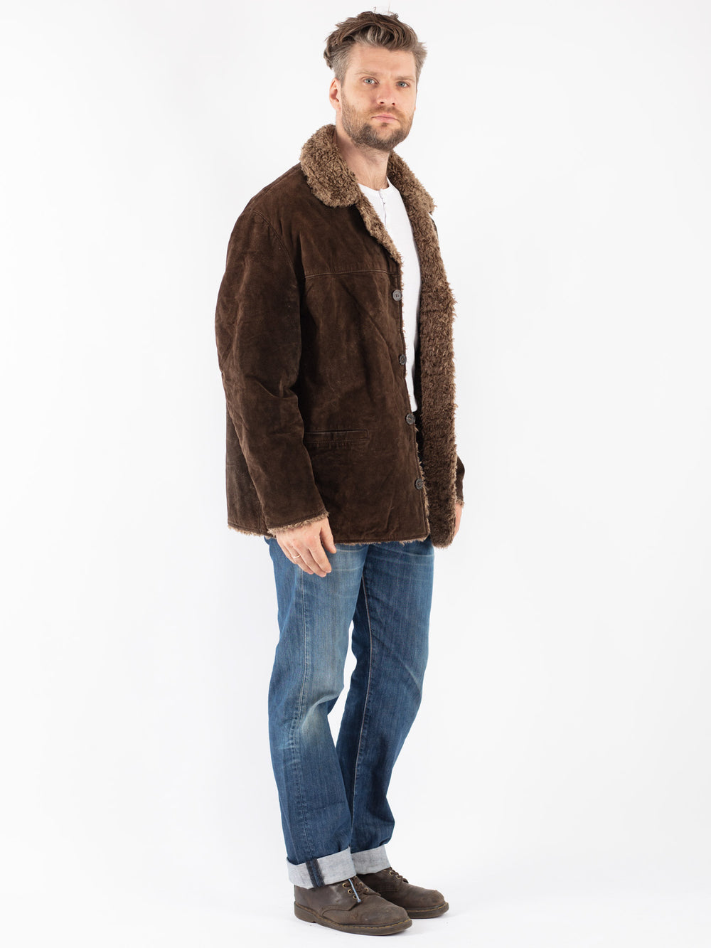 Vintage 90's Men Suede Sherpa Coat in Brown