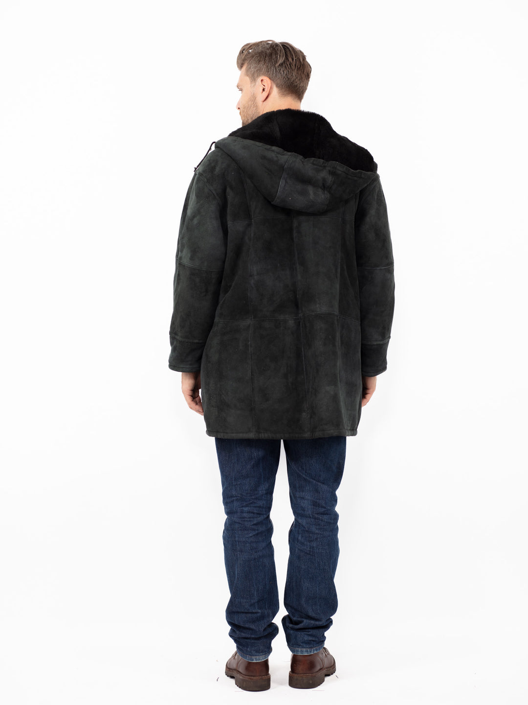 Vintage 90's Men Hooded Sheepskin Coat in Black