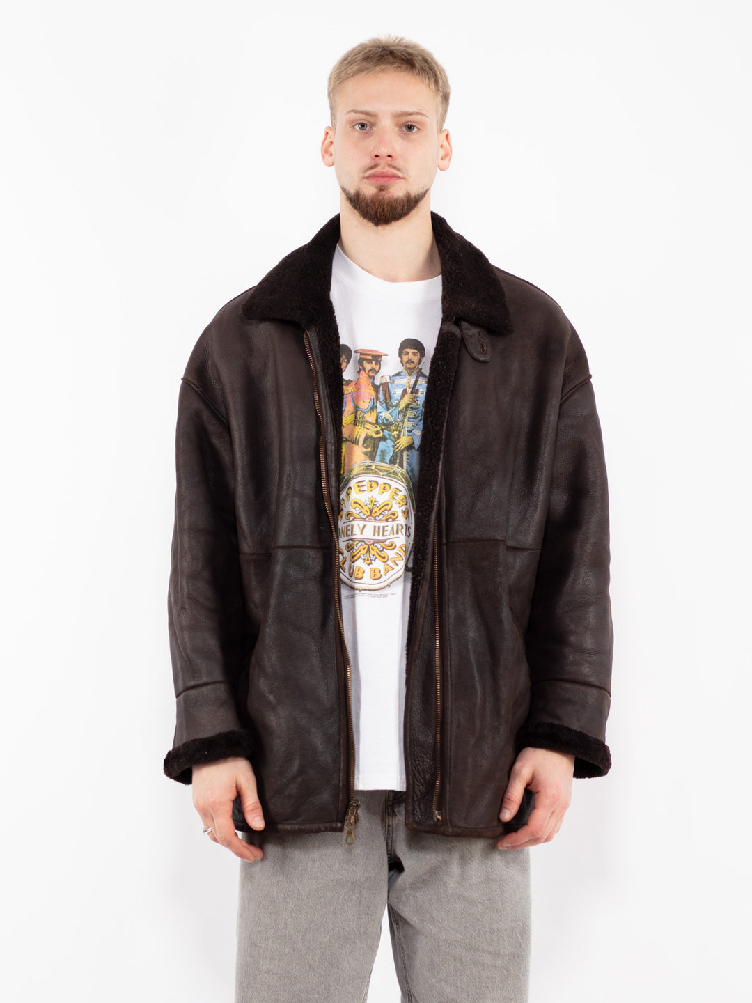 Vintage 90's Men Sheepskin Leather Coat in Brown