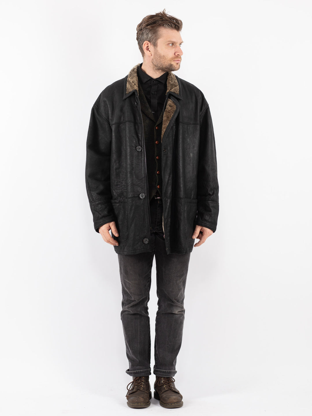 Vintage 90's Men Sheepskin Coat in Black