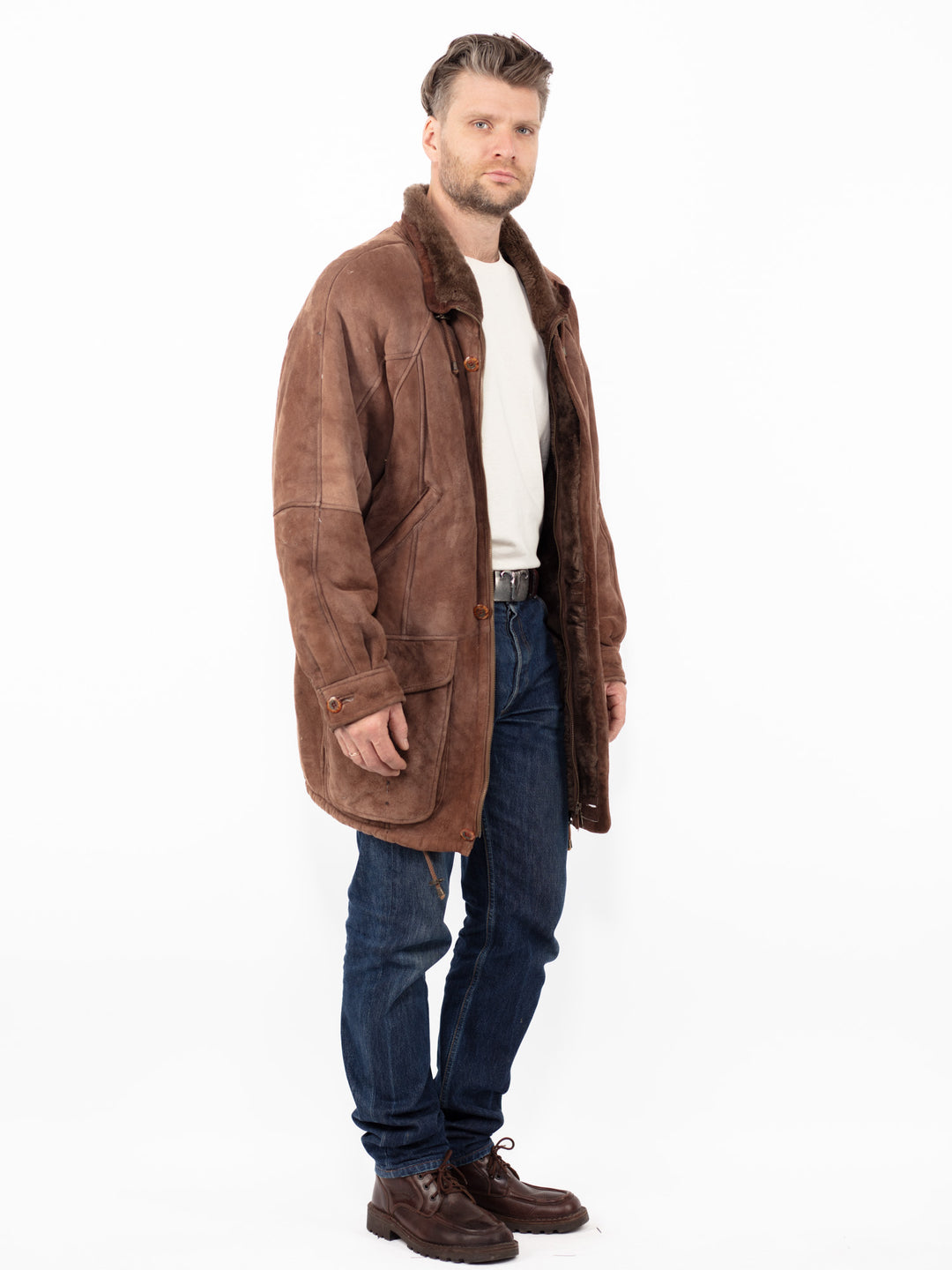 Vintage 90's Men Oversized Sheepskin Coat in Brown