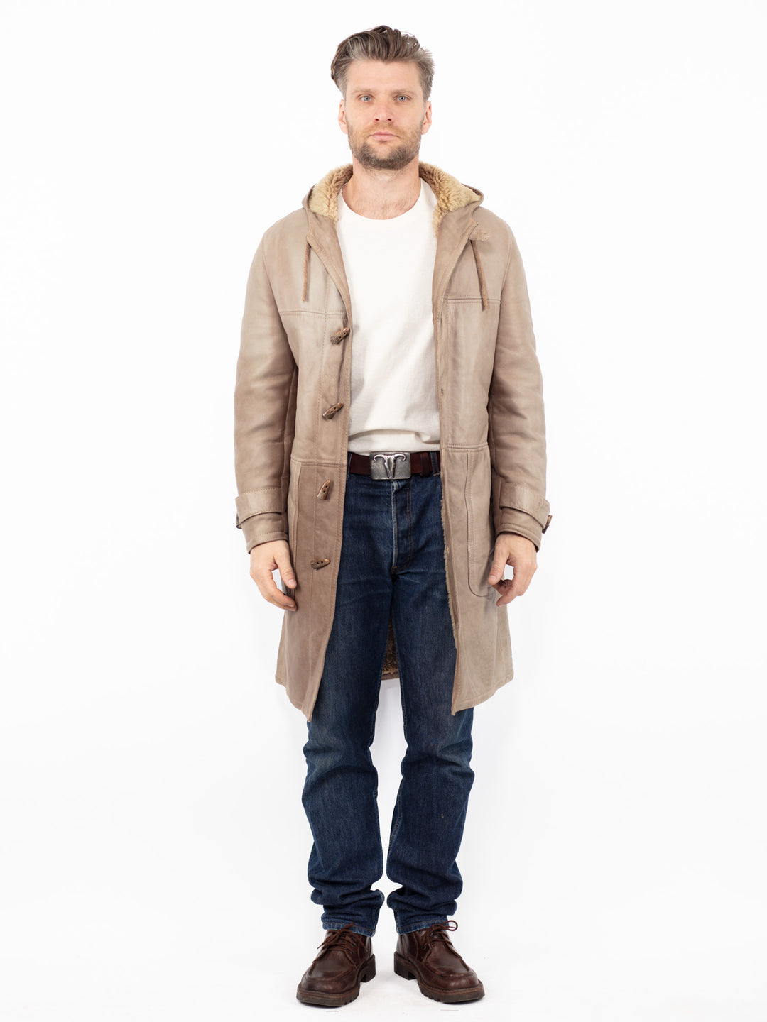 Vintage 90's Men Hooded Sheepskin Coat in Beige