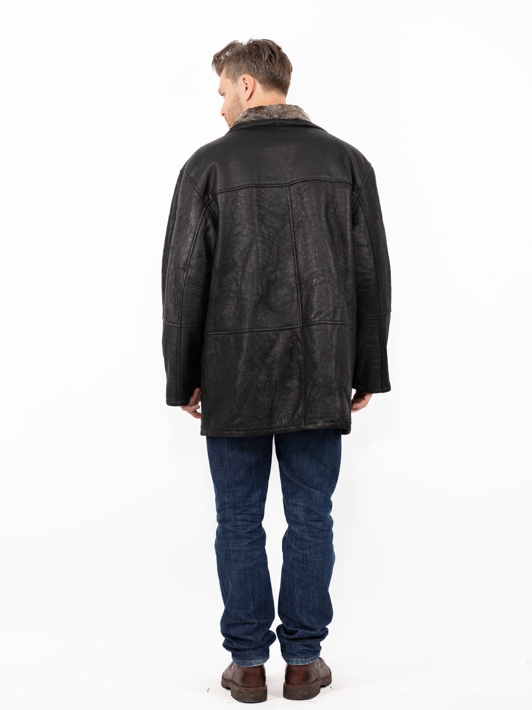 Vintage 90's Men Sheepskin Leather Coat in Black