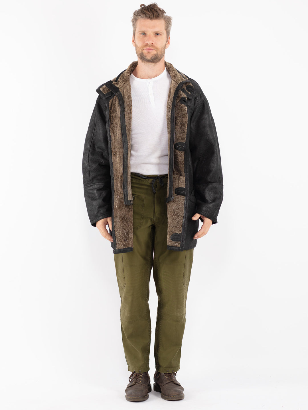 Vintage 90's Men Sheepskin Coat in Black