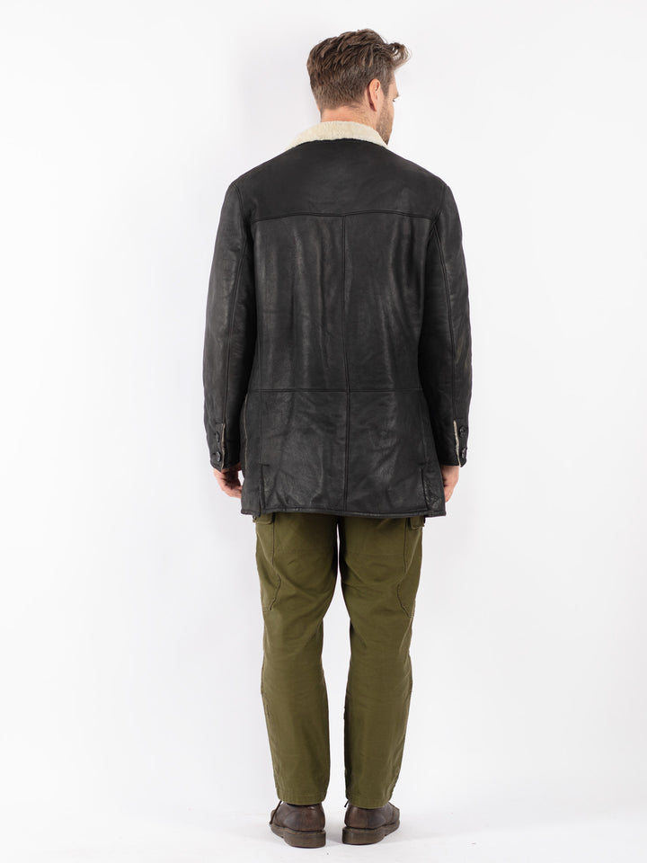 Vintage Men Sheepskin Coat in Black