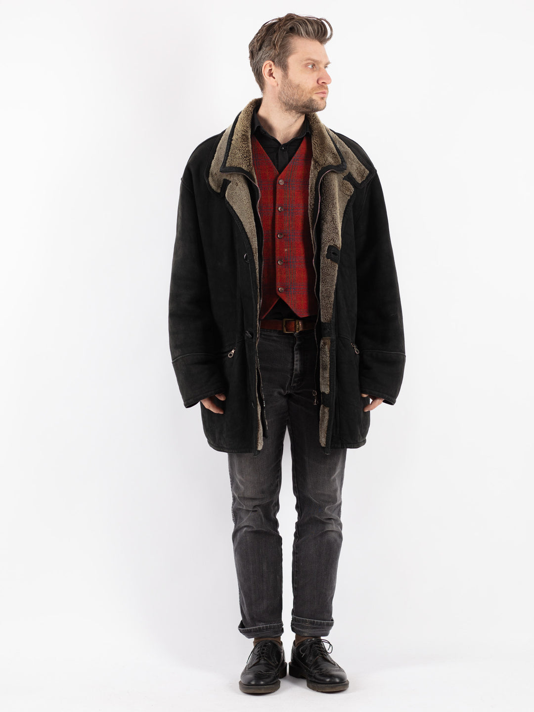 Vintage 90's Men Sheepskin Coat in Black