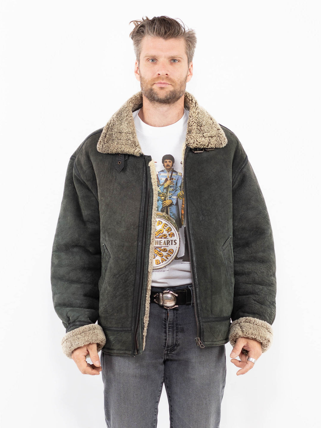 Vintage 90's Men Sheepskin Jacket in GrayZ1964