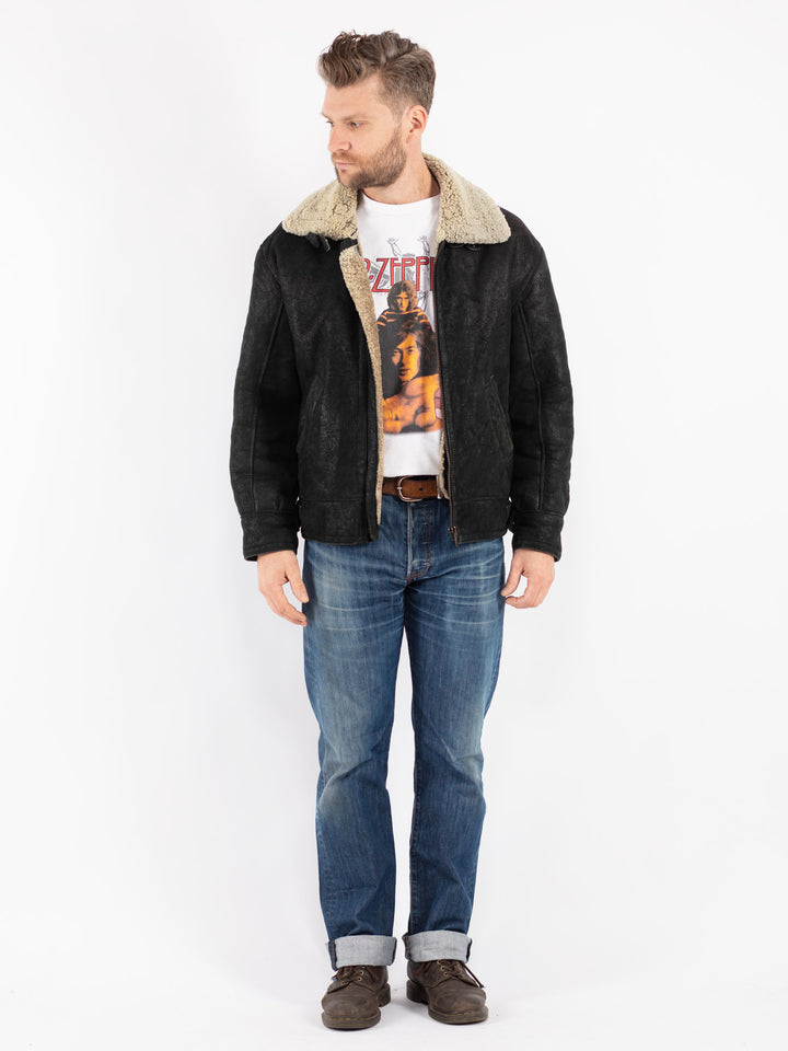 Vintage Men Sheepskin Jacket in Black