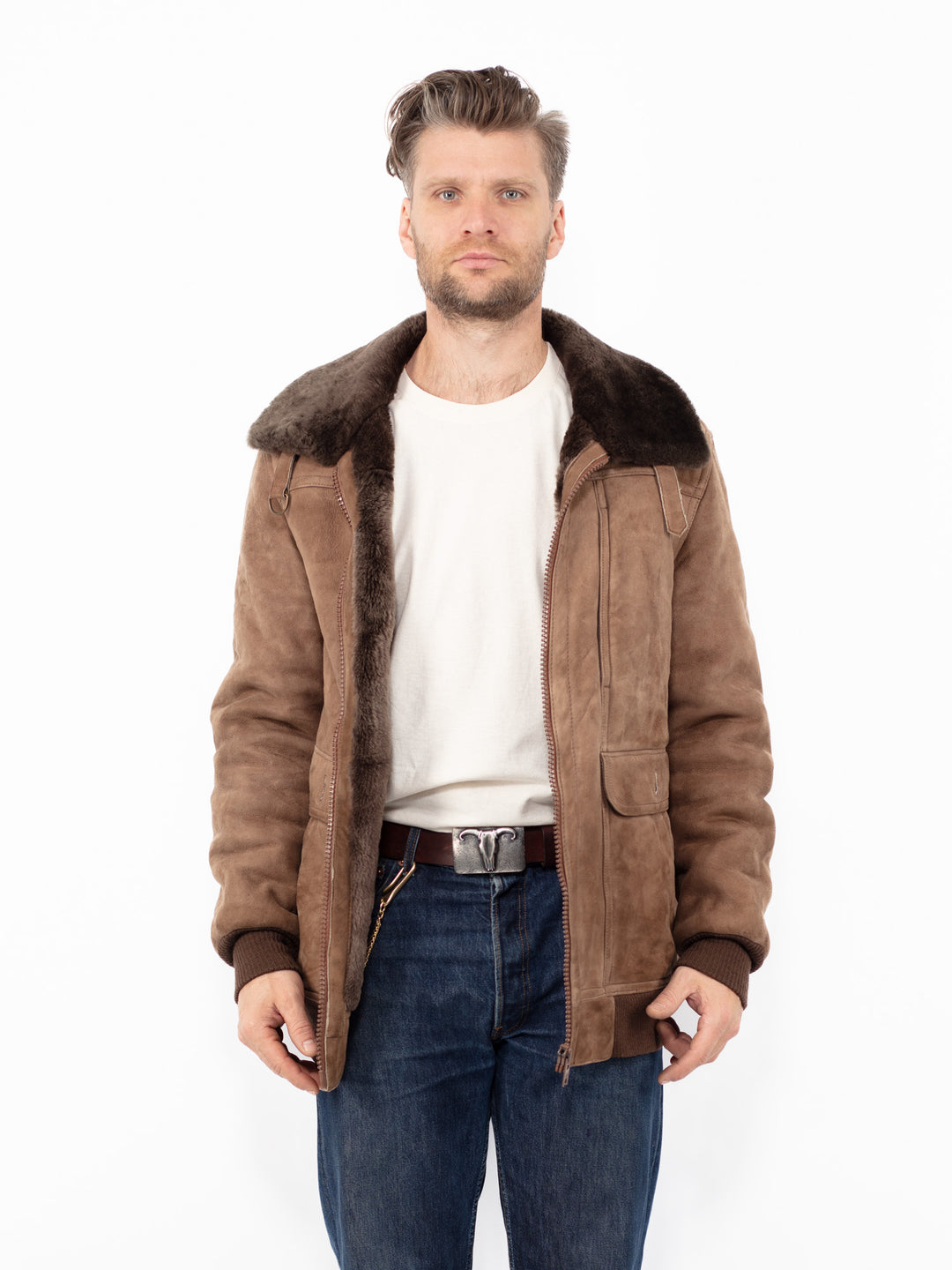 Vintage 90's Men Sheepskin Jacket in Brown