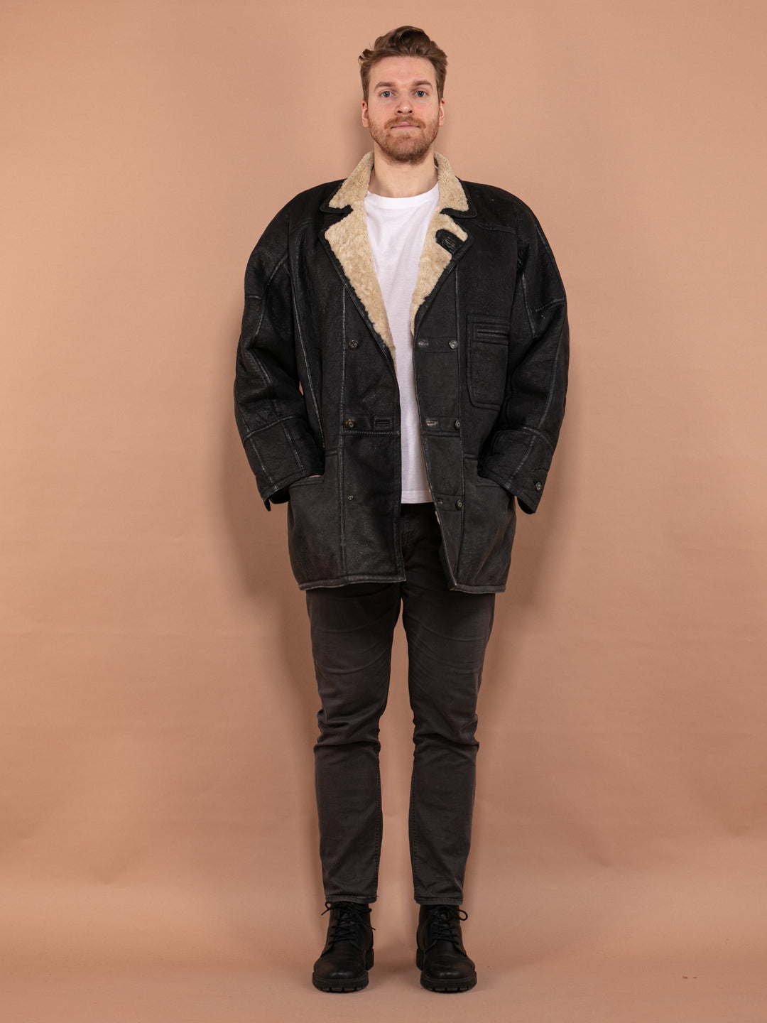 Vintage 90's Men Sheepskin Leather Coat in Black - NorthernGrip