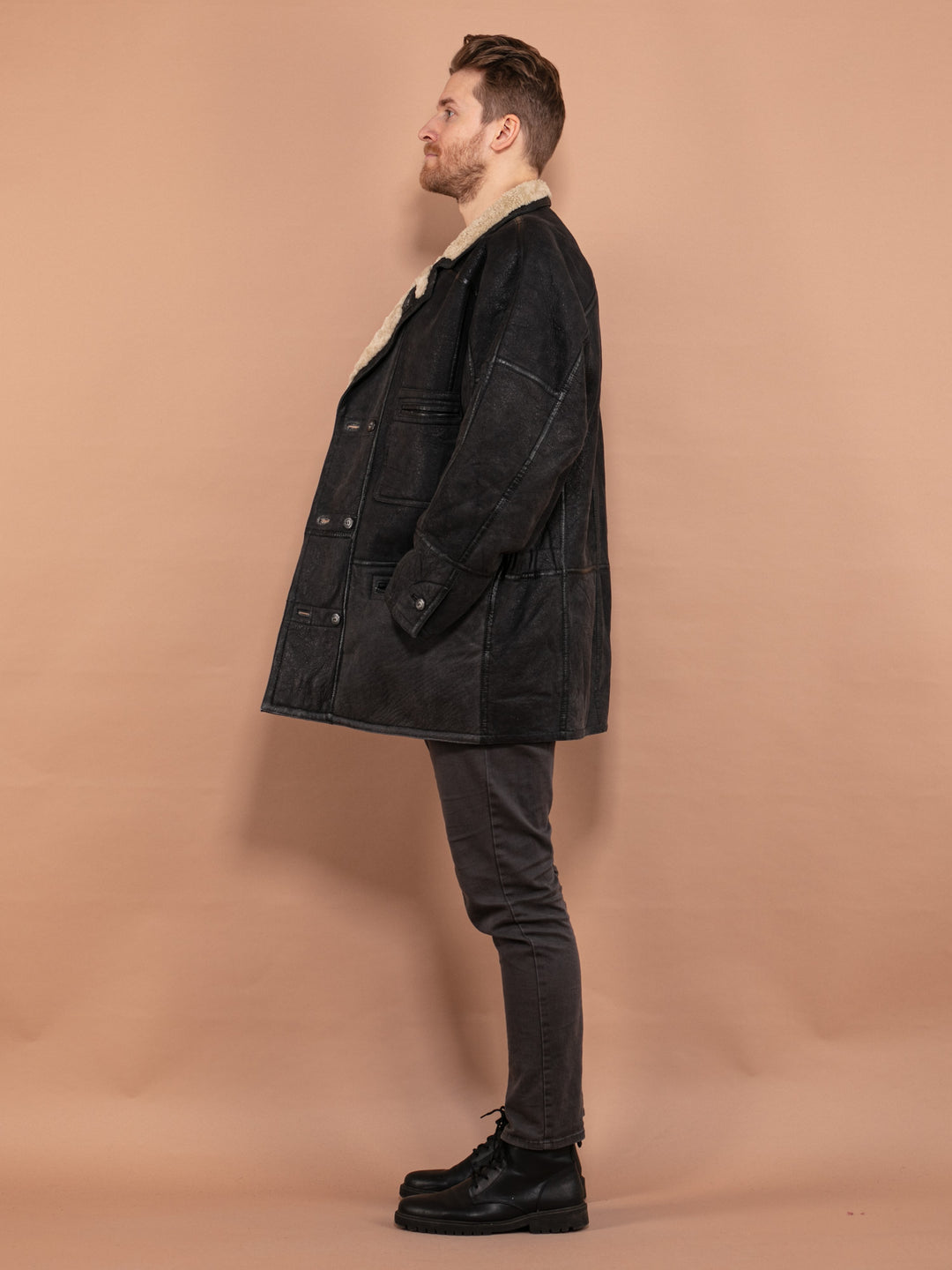 Vintage 90's Men Sheepskin Leather Coat in Black - NorthernGrip