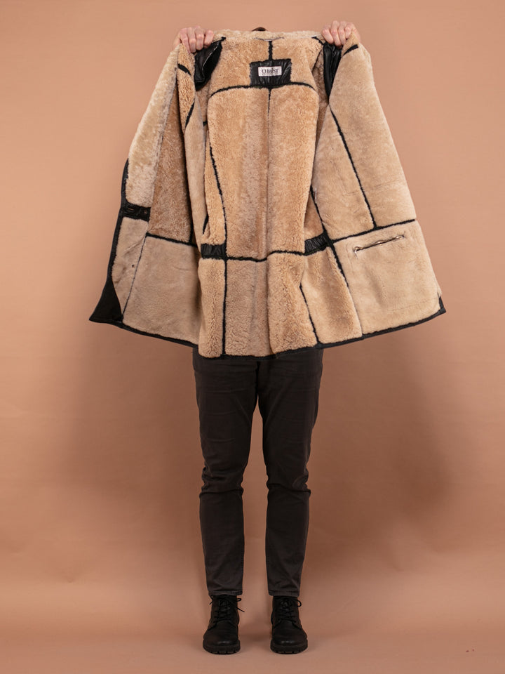 Vintage 90's Men Sheepskin Leather Coat in Black - NorthernGrip