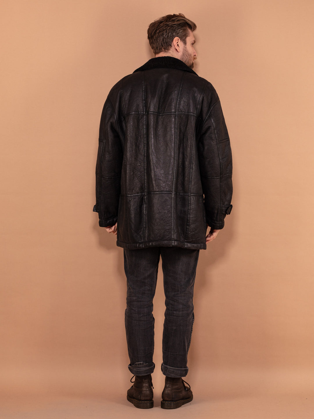 Vintage 90's Men Sheepskin Leather Coat in Black - NorthernGrip