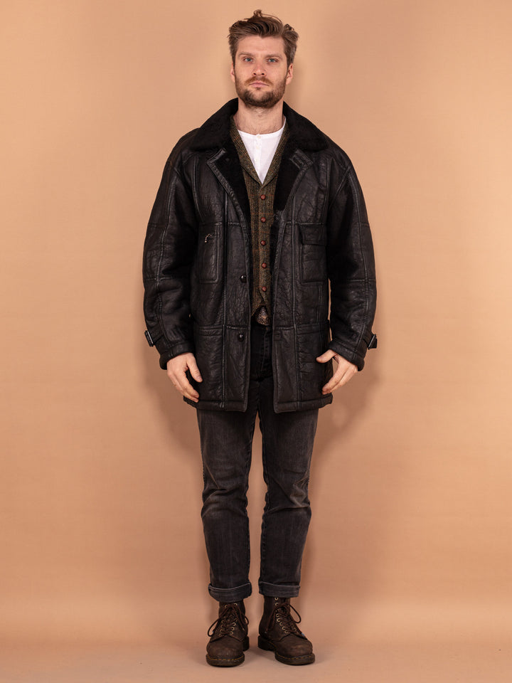 Vintage 90's Men Sheepskin Leather Coat in Black - NorthernGrip