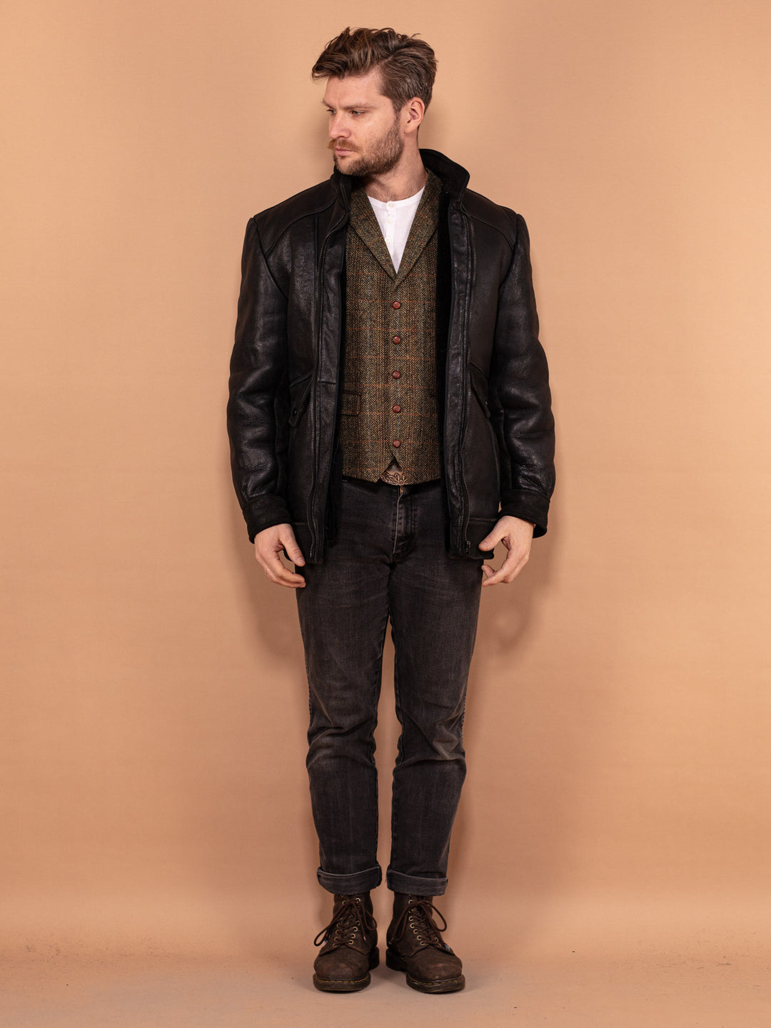 Vintage 90's Men Sheepskin Leather Jacket in Black - NorthernGrip