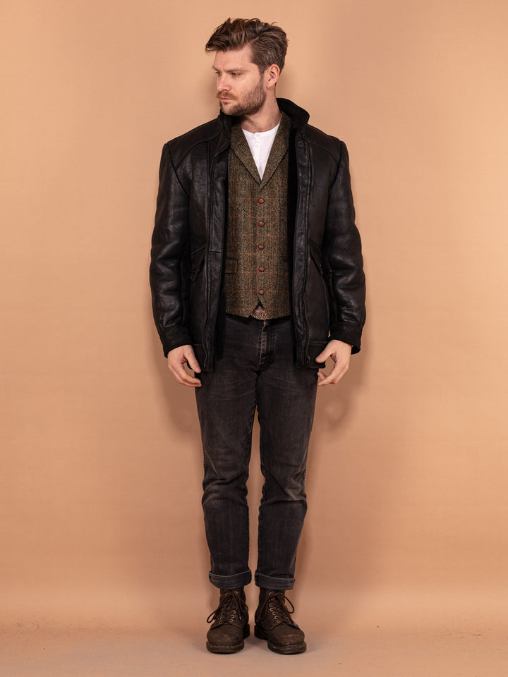 Vintage 90's Men Sheepskin Leather Jacket in Black - NorthernGrip