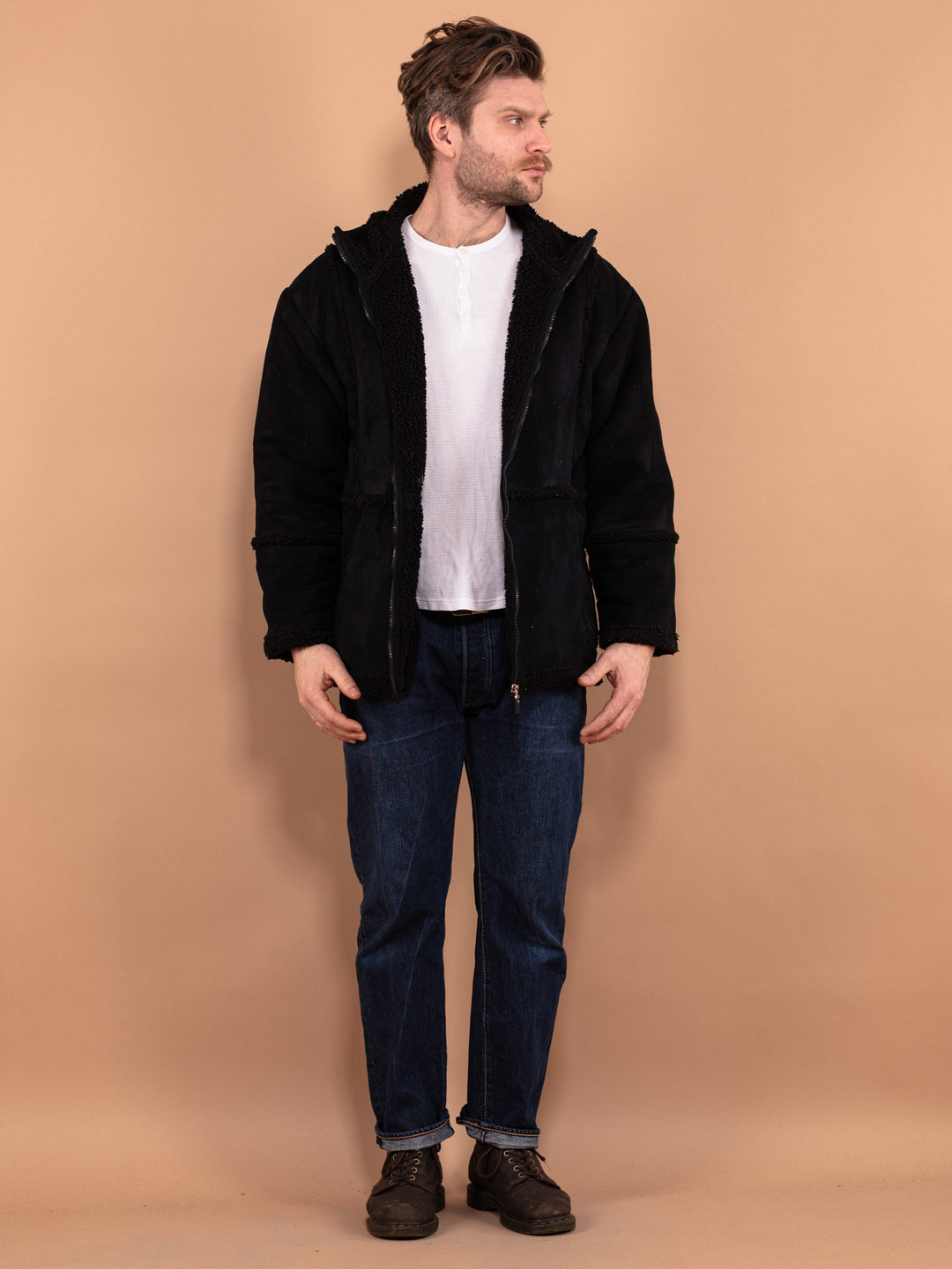 Vintage 90's Men Sherpa Bomber Jacket in Black - NorthernGrip