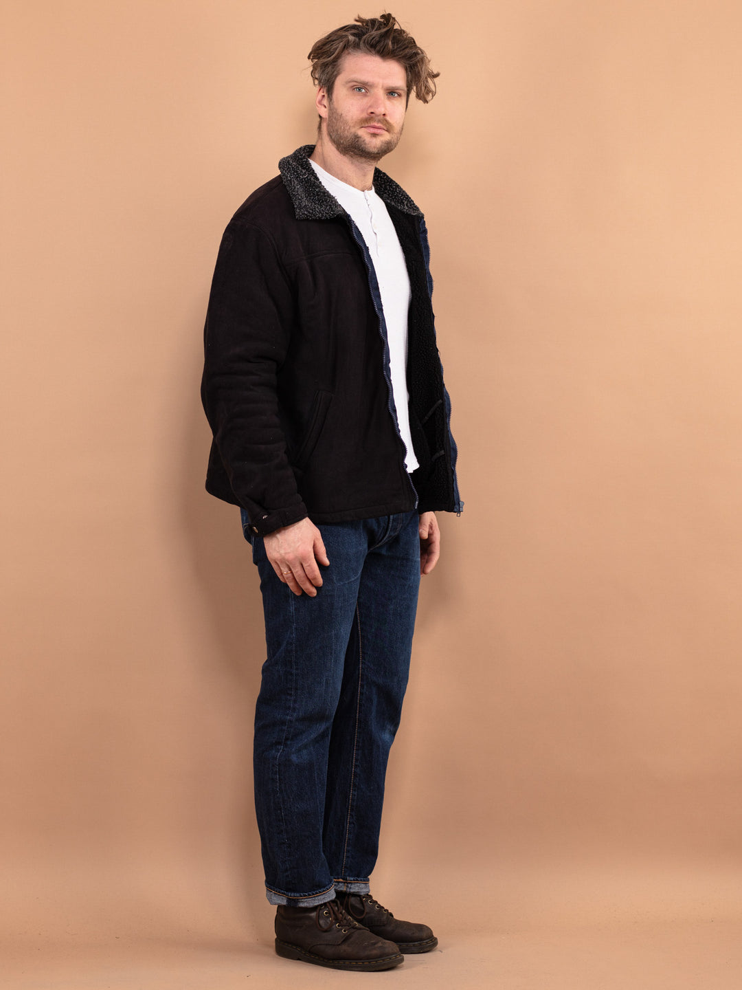 Vintage 90's Men Sherpa Bomber Jacket in Black - NorthernGrip