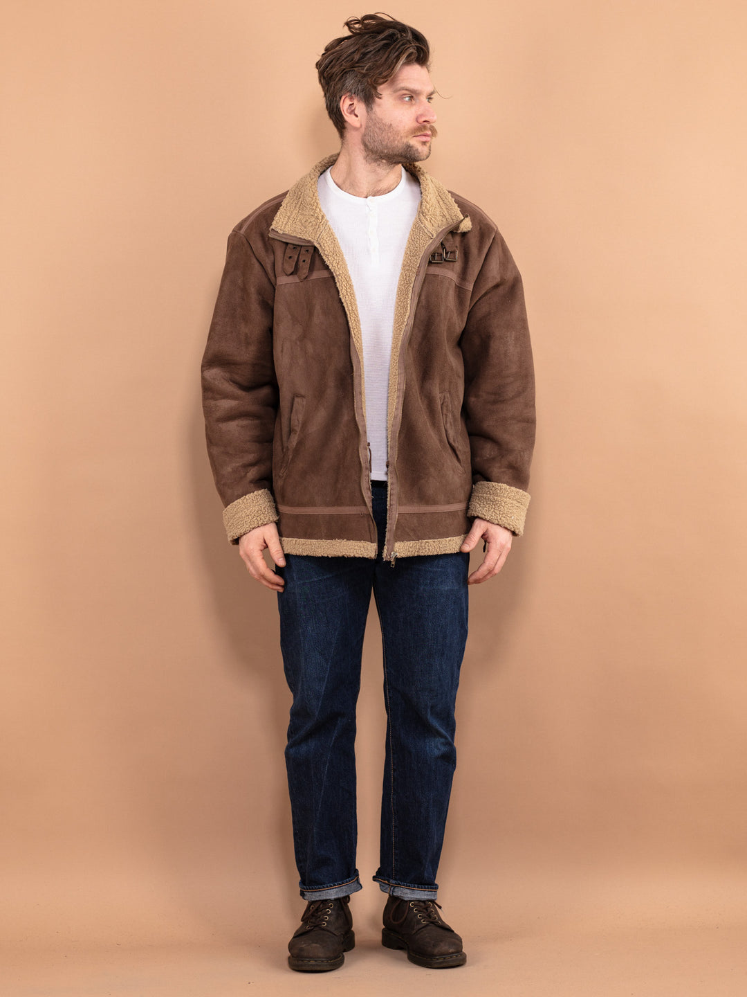 Vintage 90's Men Sherpa Bomber Jacket in Brown - NorthernGrip