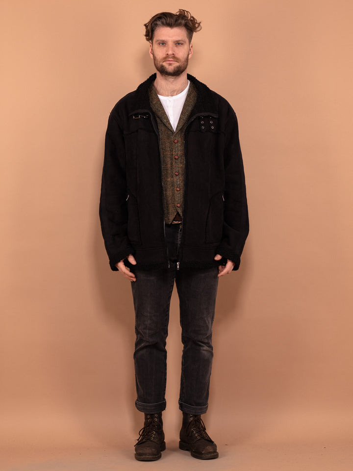 Vintage 90's Men Sherpa Bomber Jacket in Black - NorthernGrip