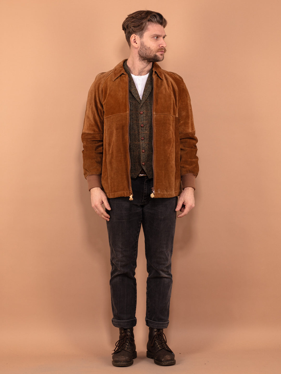 Vintage 90's Men Suede Bomber Jacket in Brown - NorthernGrip