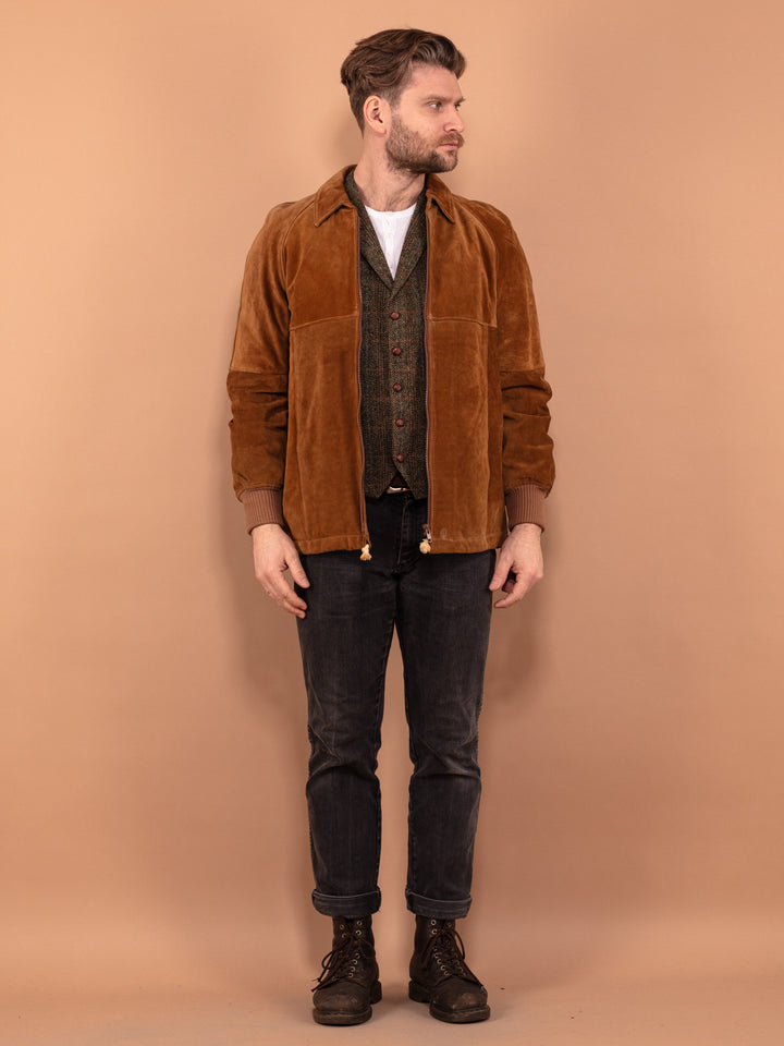 Vintage 90's Men Suede Bomber Jacket in Brown - NorthernGrip