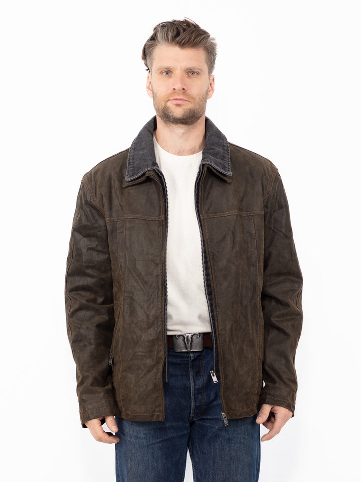 Vintage 90's Men Suede Denim Jacket in Green Brown