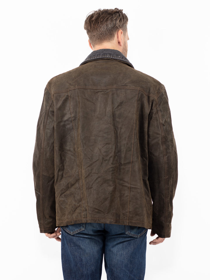 Vintage 90's Men Suede Denim Jacket in Green Brown