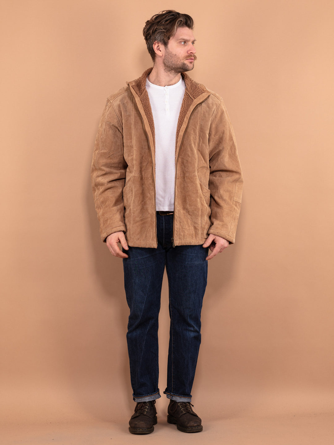 Vintage 90's Men Suede Sherpa Jacket in Beige - NorthernGrip