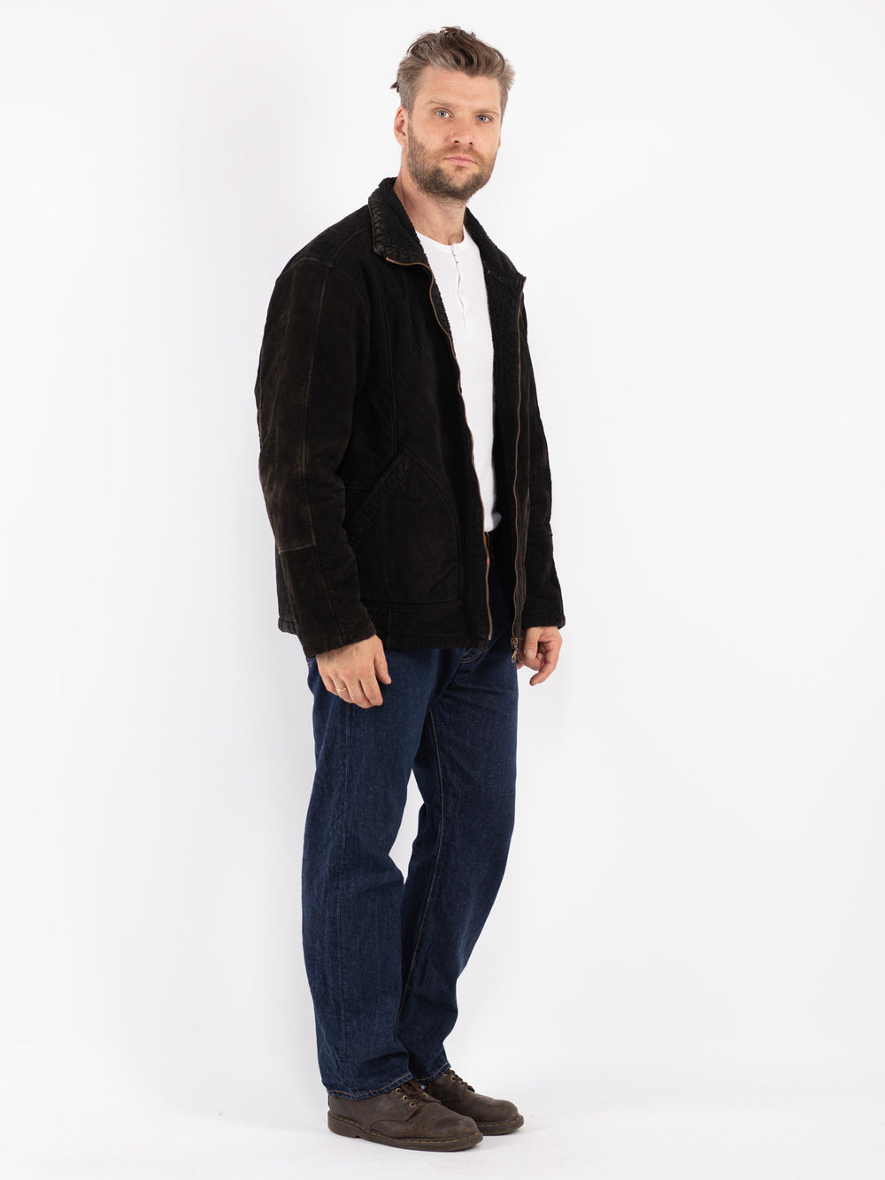Vintage 90's Men Suede Sherpa Jacket in Black