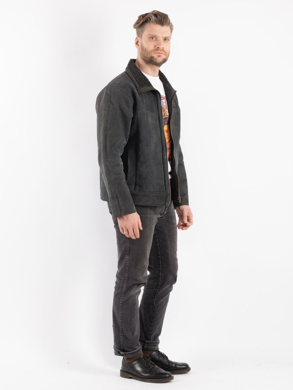Vintage 90's Men Suede Sherpa Jacket in Gray
