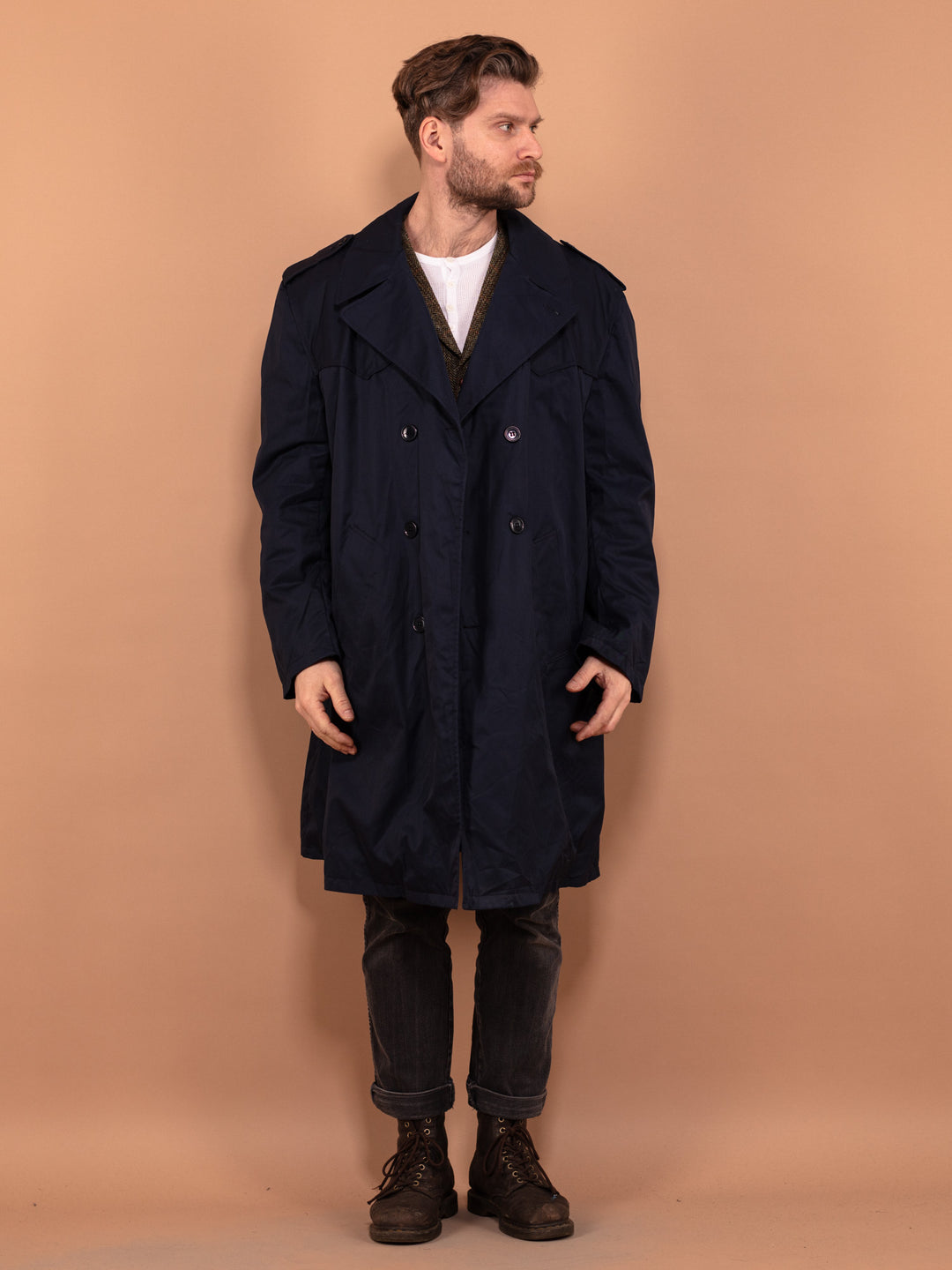 Vintage 90's Men Trench Coat in Blue - NorthernGrip