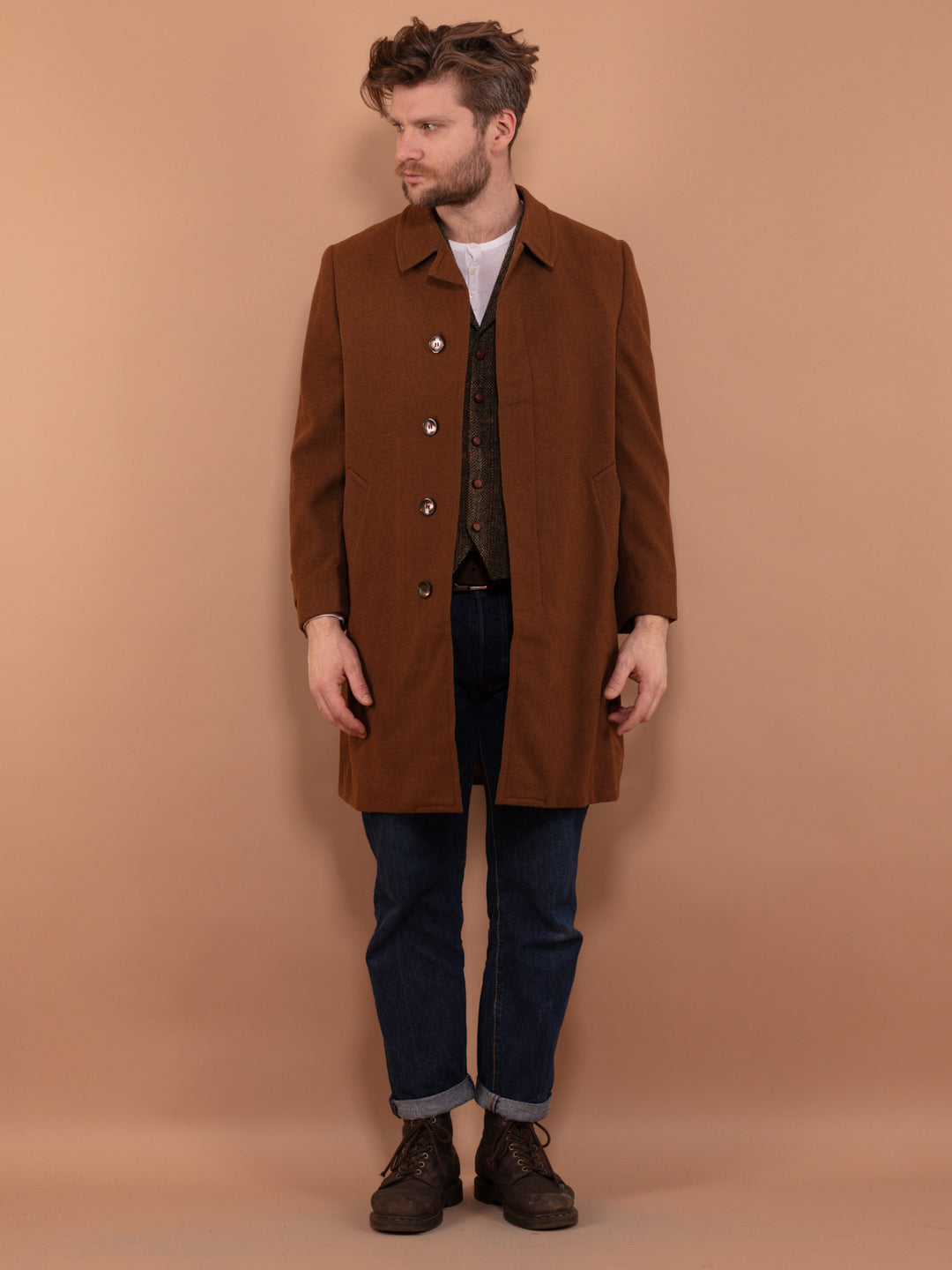 Vintage 90's Men Wool Blend Coat in Brown - NorthernGrip