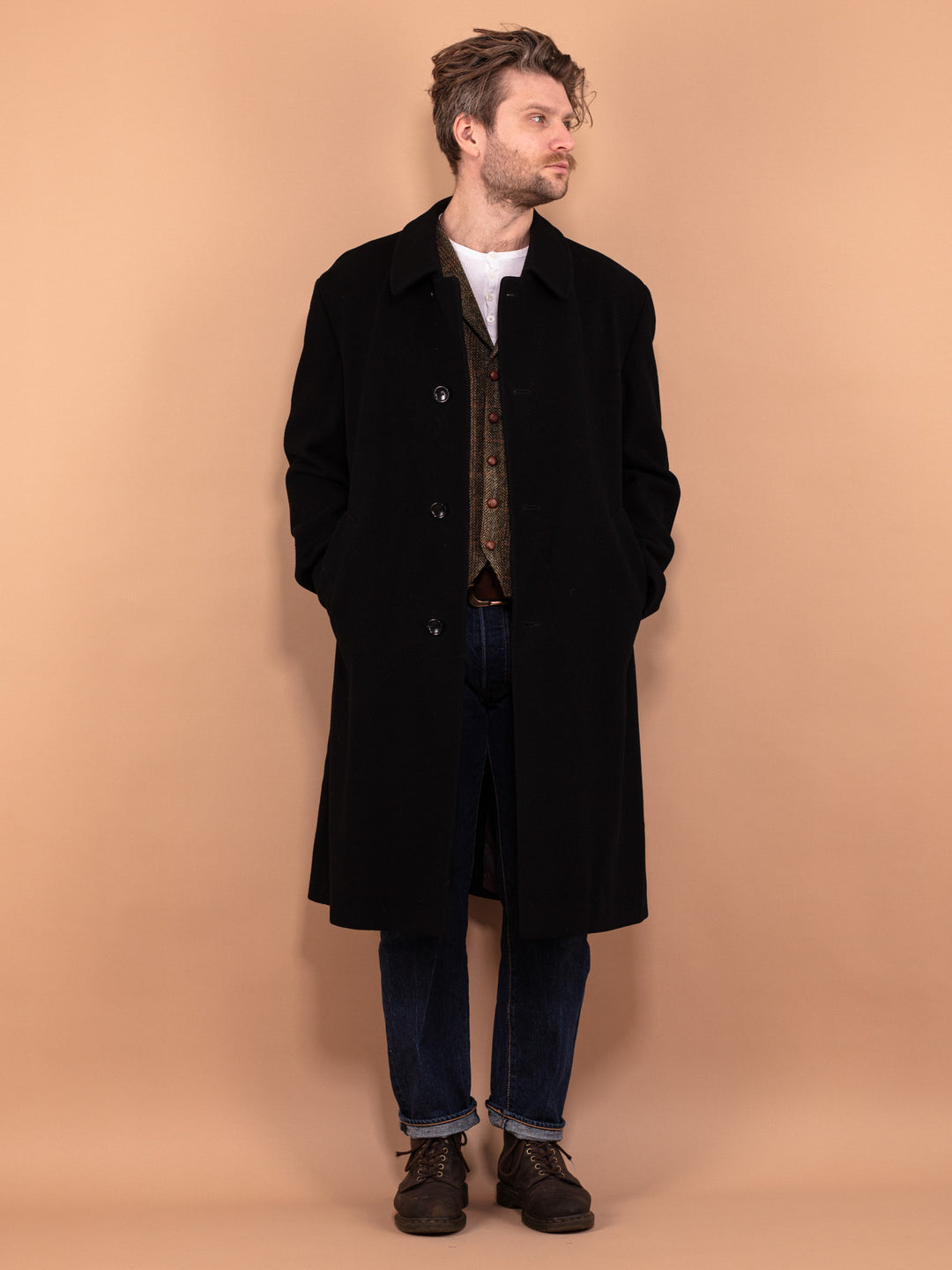 Vintage 90's Men Wool and Cashmere Overcoat in Black - NorthernGrip