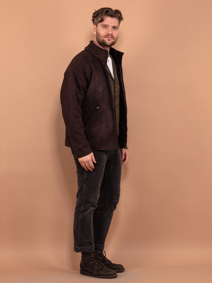 Vintage 90's Men Zip Up Sherpa Jacket in Brown - NorthernGrip