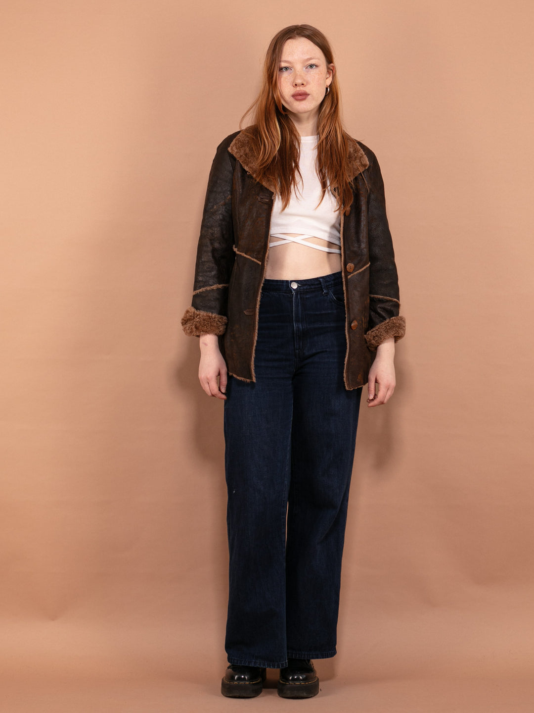 Vintage 90's Women Distressed Sheepskin Jacket in Brown - NorthernGrip