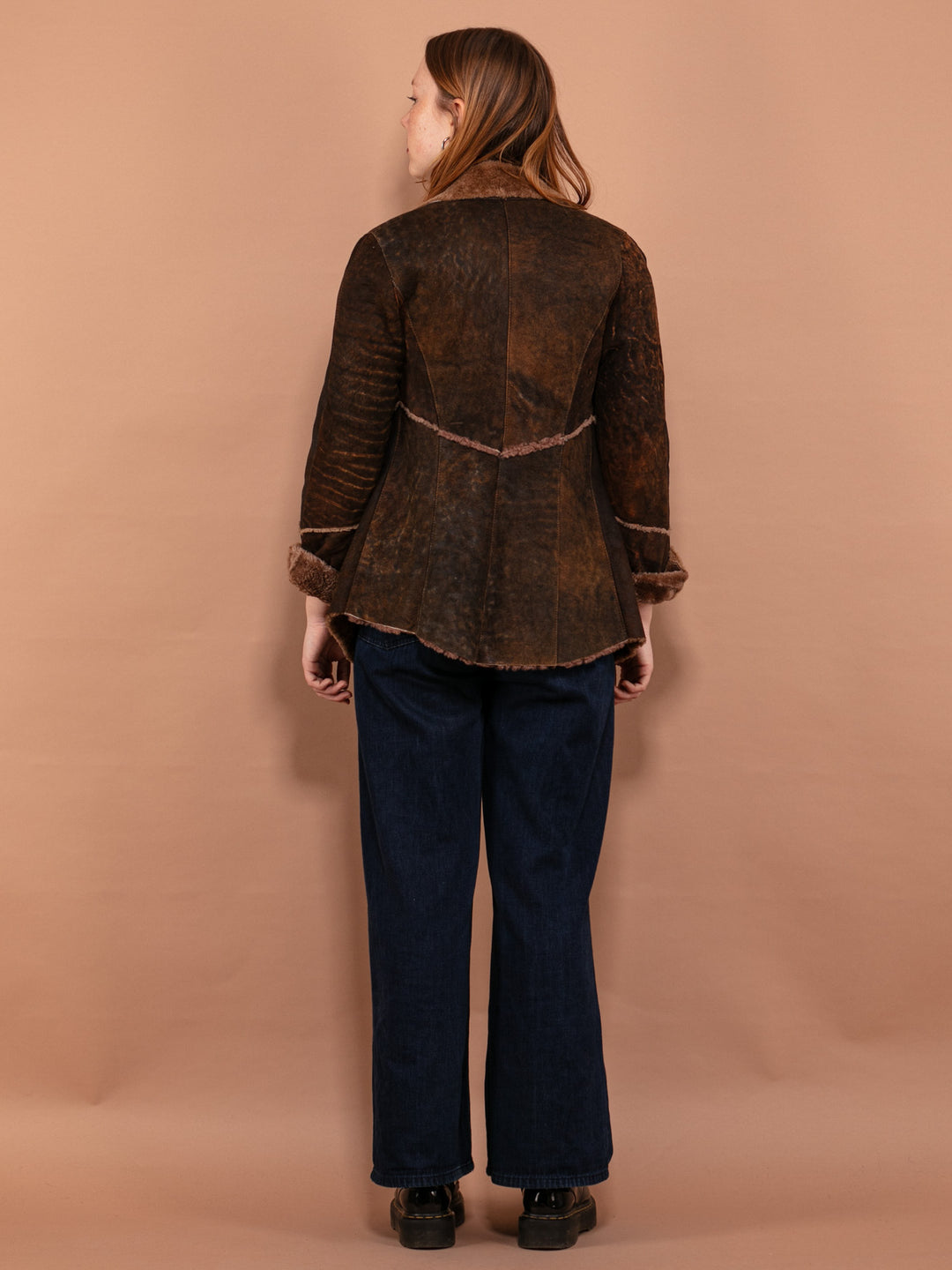 Vintage 90's Women Distressed Sheepskin Jacket in Brown - NorthernGrip