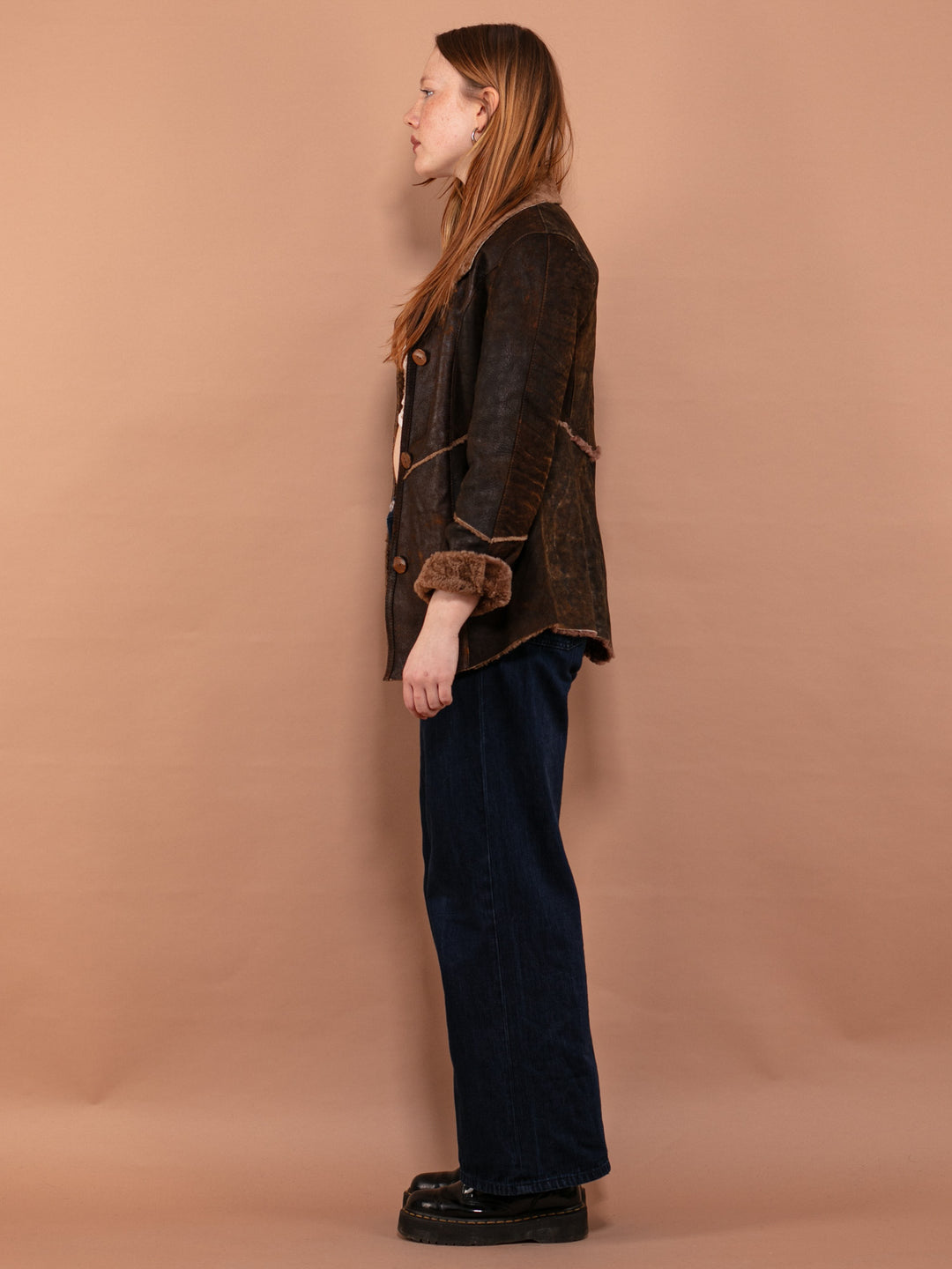 Vintage 90's Women Distressed Sheepskin Jacket in Brown - NorthernGrip