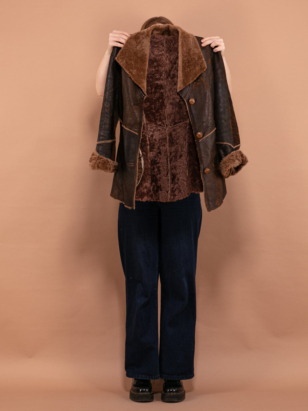Vintage 90's Women Distressed Sheepskin Jacket in Brown - NorthernGrip