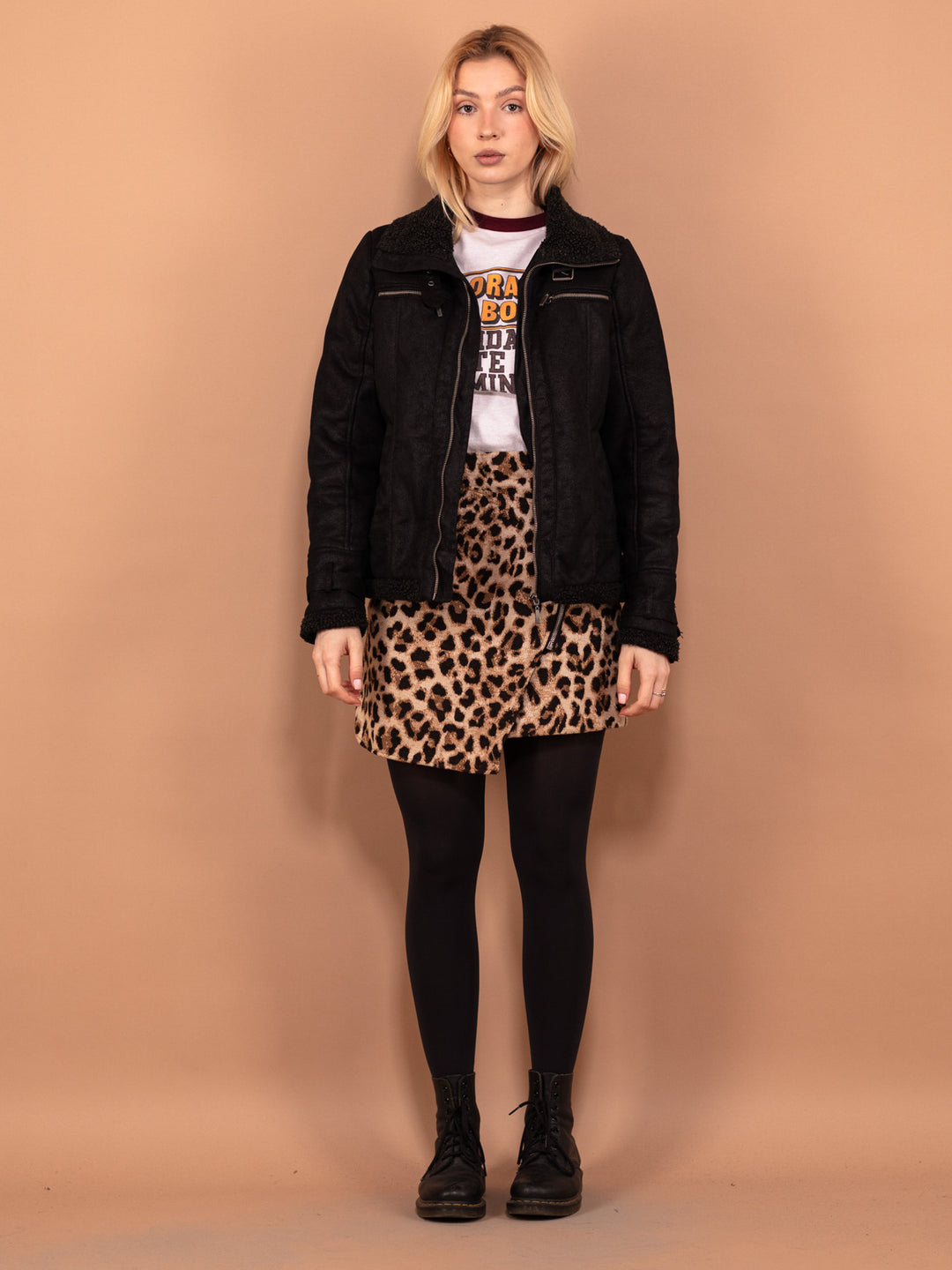 Vintage 90's Women Faux Sheepskin Bomber Jacket in Black - NorthernGrip