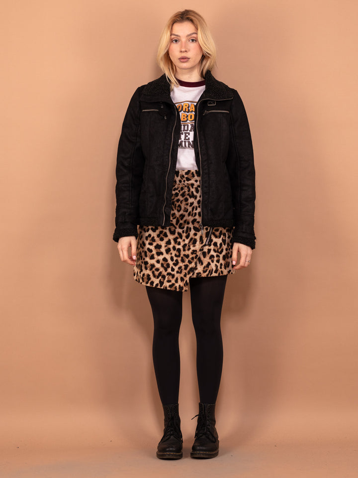 Vintage 90's Women Faux Sheepskin Bomber Jacket in Black - NorthernGrip
