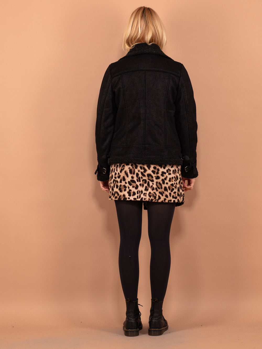 Vintage 90's Women Faux Sheepskin Bomber Jacket in Black - NorthernGrip