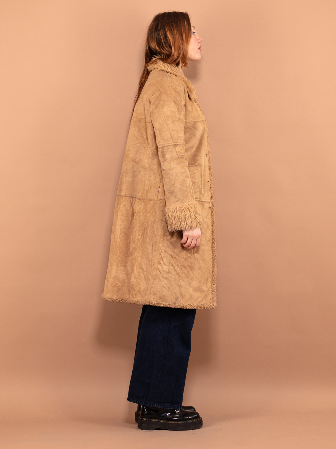 Vintage 90's Women Faux Sheepskin Coat in Beige - NorthernGrip