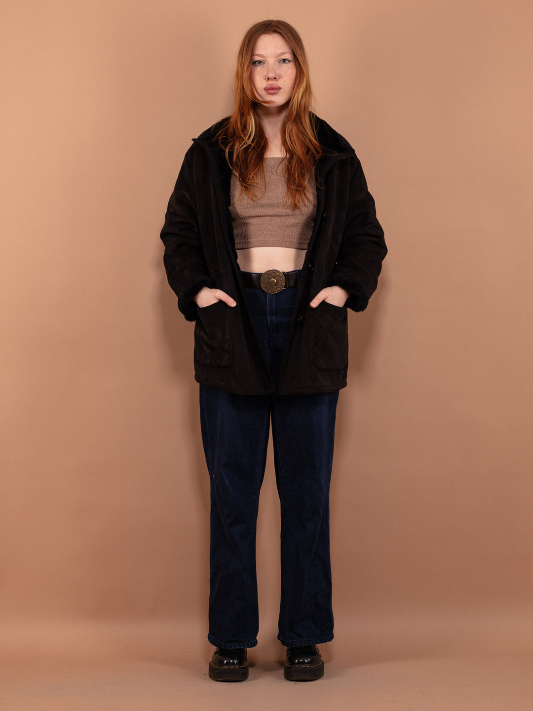 Vintage 90's Women Faux Sheepskin Coat in Black - NorthernGrip