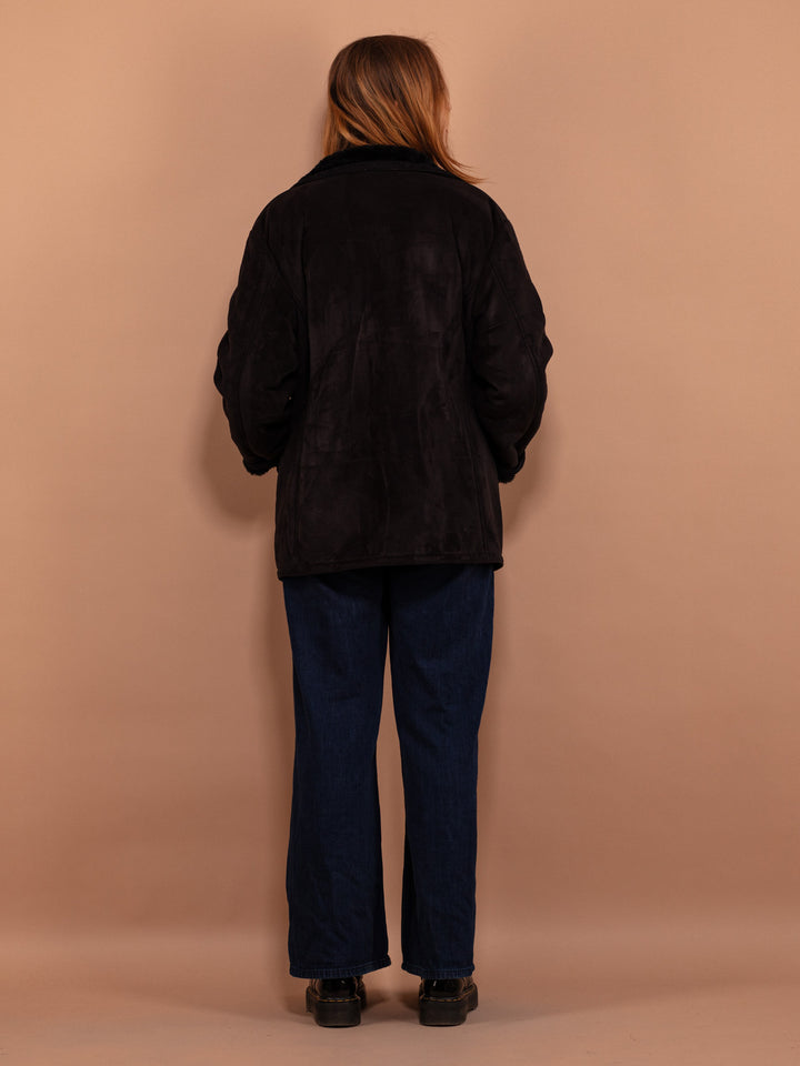 Vintage 90's Women Faux Sheepskin Coat in Black - NorthernGrip
