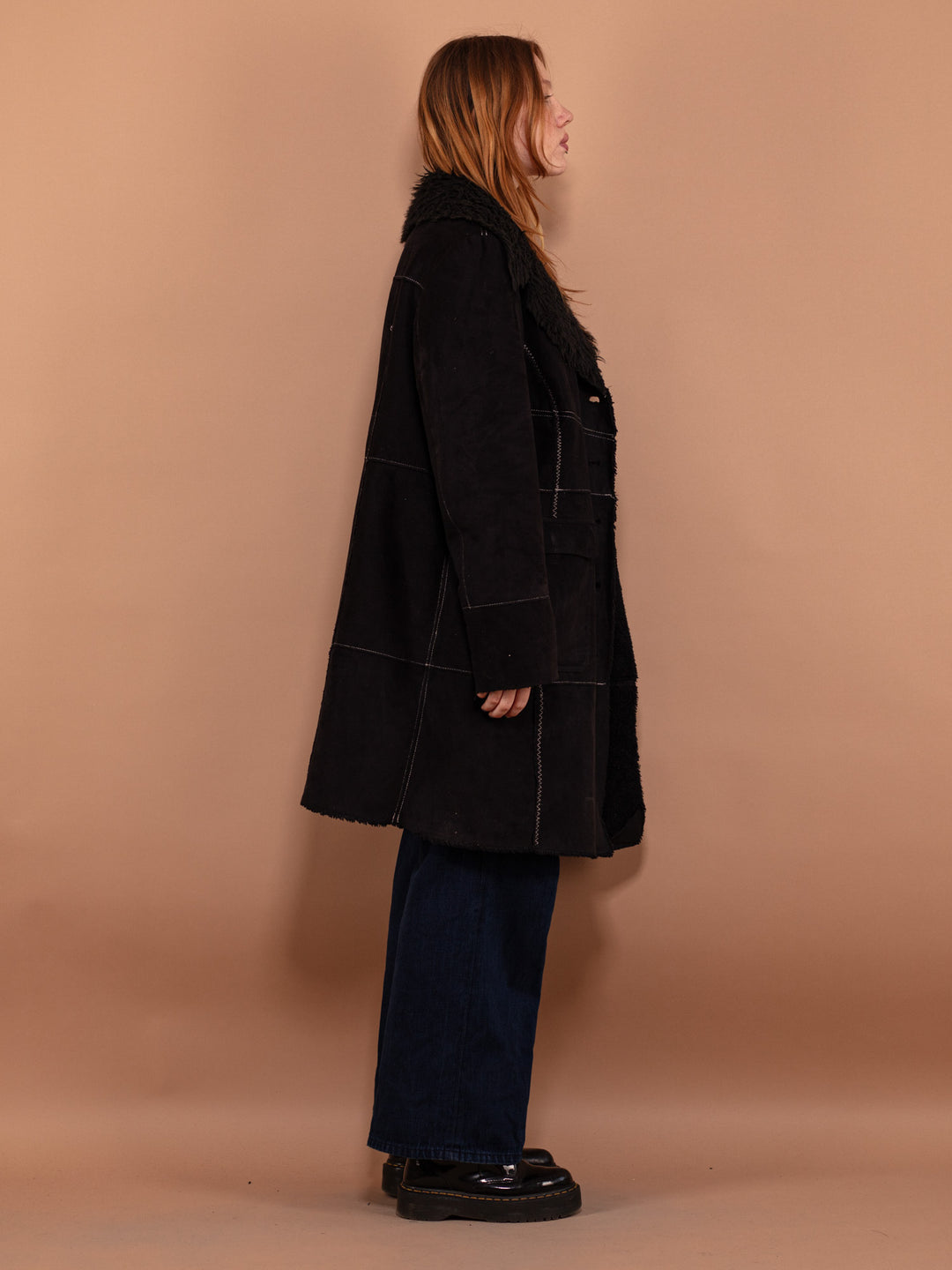 Vintage 90's Women Faux Sheepskin Coat in Black - NorthernGrip